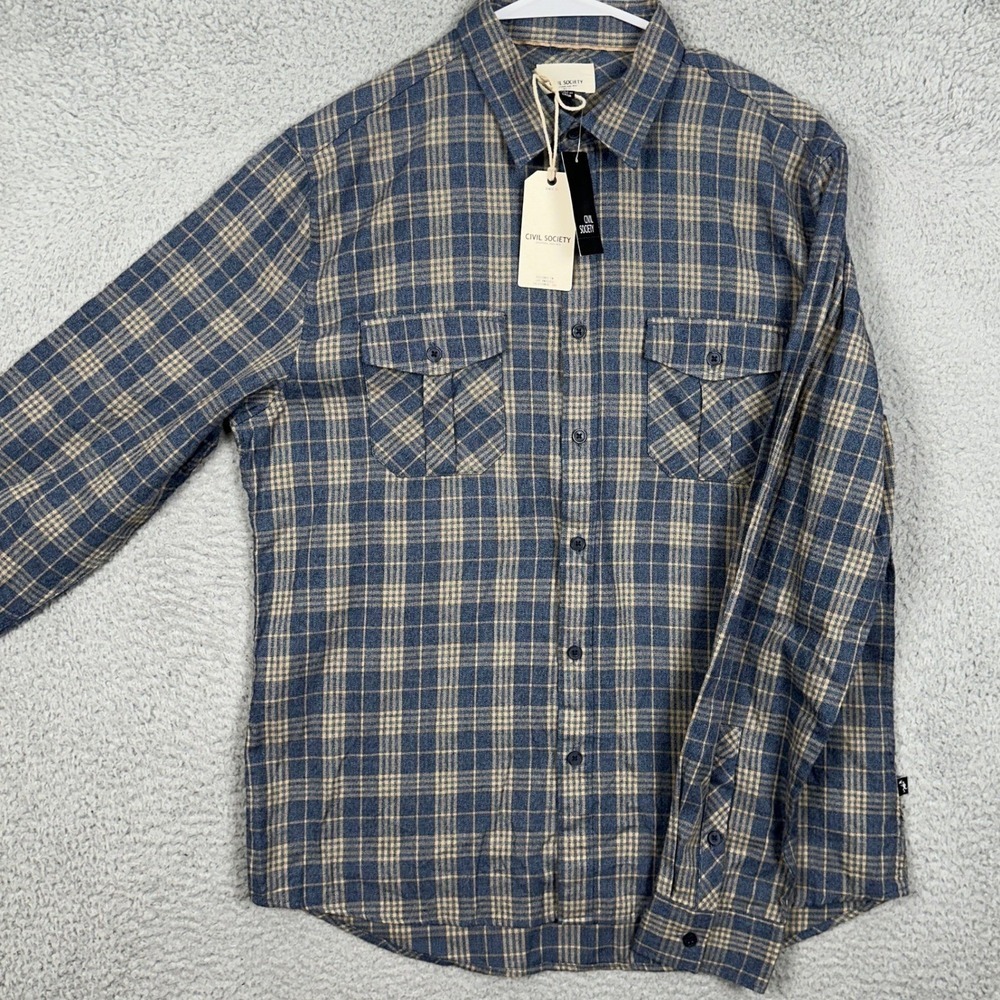 NEW Civil Society Shirt Mens Medium Blue Tan Flannel Plaid Button Up Flap Pocket